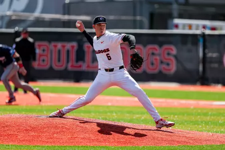 Georgia pitcher Jordan Stephens (6) during Georgia’s game against UIC at Foley Field in Athens, Ga., on Sunday, Feb. 23, 2025. (Conor Dillon/UGAAA)
