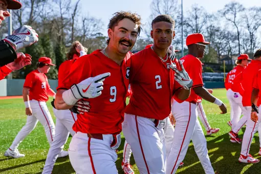 Georgia infielder Ryan Black (2), Georgia infielder Kolby Branch (9) after Georgia’s game against FGCU at Foley Field in Athens, Ga., on Sunday, March 2, 2025. (Conor Dillon/UGAAA)