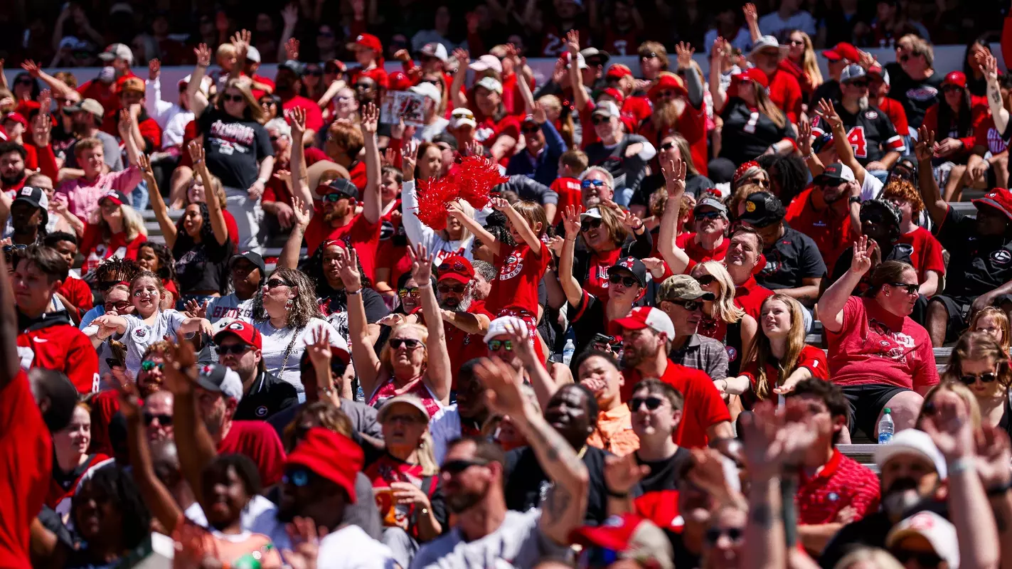 Georgia football fans during Georgia’s annual G-Day scrimmage on Dooley Field at Sanford Stadium in Athens, Ga., on Saturday, April 13, 2024. (Cassie Baker/UGAAA)
