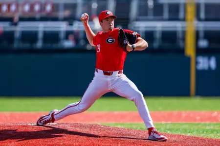 Georgia pitcher Tyler McLoughlin (34) during Georgia’s game against FGCU at Foley Field in Athens, Ga., on Sunday, March 2, 2025. (Conor Dillon/UGAAA)