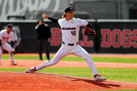 Georgia pitcher Justin Byrd (40) during Georgia’s game against UIC at Foley Field in Athens, Ga., on Sunday, Feb. 23, 2025. (Conor Dillon/UGAAA)