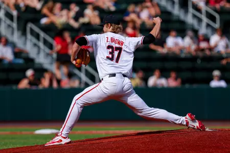 Georgia pitcher Zach Brown (37) during Georgia’s game against Queens Univeristy of Charlotte at Foley Field in Athens, Ga., on Tuesday, April 1, 2025. (Conor Dillon/UGAAA)