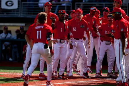 Georgia baseball team after Georgia’s game against Arkansas at Foley Field in Athens, Ga., on Sunday, April 13, 2025. (Tony Walsh/UGAAA)