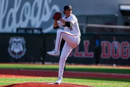 Georgia pitcher Lucas Morici (51) during Georgia’s game against FGCU at Foley Field in Athens, Ga., on Saturday, March 1, 2025. (Conor Dillon/UGAAA)