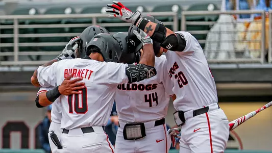 Georgia outfielder/infielder Robbie Burnett (10), Georgia infielder Slate Alford (44), Georgia infielder/outfielder Ryland Zaborowski (20), Georgia infielder Ryan Black (2) during Georgia’s game against Columbia at Foley Field in Athens, Ga., on Sunday, March 9, 2025. (Conor Dillon/UGAAA)