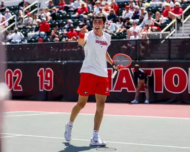 Senior Thomas Paulsell during a match against No. 14 Texas A&M at the Dan Magill Tennis Complex on Sunday, April. 13, 2025.