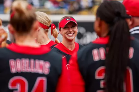Georgia catcher and utility player Sarah Gordon (7) before Georgia’s game against Missouri at Mizzou Softball Stadium in Columbia, Mo., on Saturday, May 3, 2025. (Conor Dillon/UGAAA)