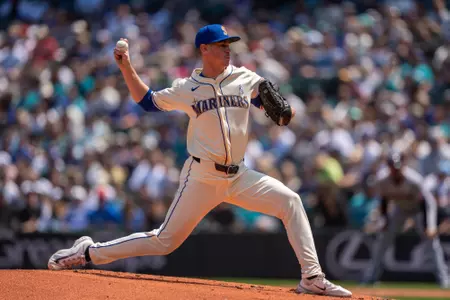 SEATTLE, WA - JUNE 15: Starter Emerson Hancock #26 of the Seattle Mariners delivers a pitch during the second inning of a game against the Cleveland Guardians at T-Mobile Park on June 15, 2025 in Seattle, Washington. (Photo by Stephen Brashear/Getty Images)