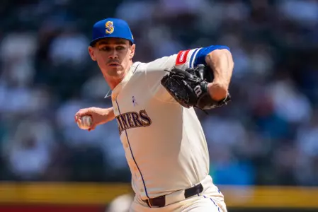 SEATTLE, WA - JUNE 15: Starter Emerson Hancock #26 of the Seattle Mariners delivers a pitch during the first inning of a game against the Cleveland Guardians at T-Mobile Park on June 15, 2025 in Seattle, Washington. (Photo by Stephen Brashear/Getty Images)