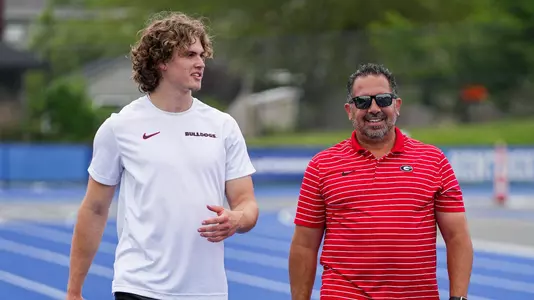 Georgia sprinter Brody Buffington, Georgia assistant coach Karim Abdel Wahab during Georgia’s practice session before the 2025 SEC Outdoor Track & Field Championships at the UK Outdoor Track & Field Facility in Lexington, Ky., on Wednesday, May 14, 2025. (Tony Walsh/UGAAA)