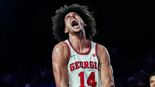 Georgia forward Asa Newell (14) during Georgia’s game against Missouri at Stegeman Coliseum in Athens, Ga., on Saturday, Feb. 15, 2025. (Tony Walsh/UGAAA)