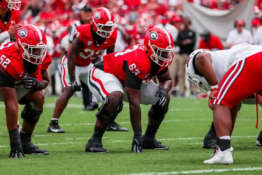 Georgia offensive lineman Dontrell Glover (63) during Georgia’s game against Austin Peay at Sanford Stadium in Athens, Ga., on Saturday, Sept. 6, 2025. (Conor Dillon/UGAAA)