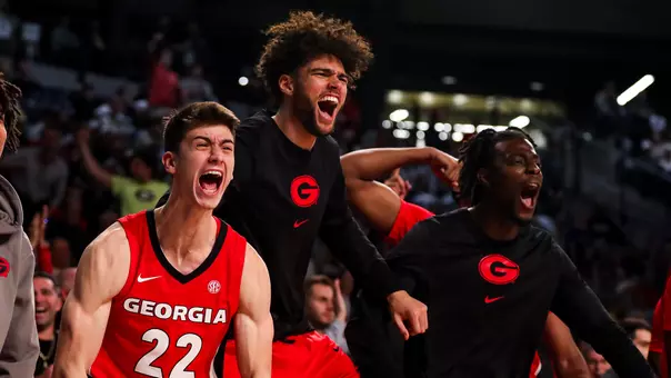 Brandon Klatsky, Jaden Newell and Dylan James celebrate during the Ga. Tech game (photo by Olivia Wilson)