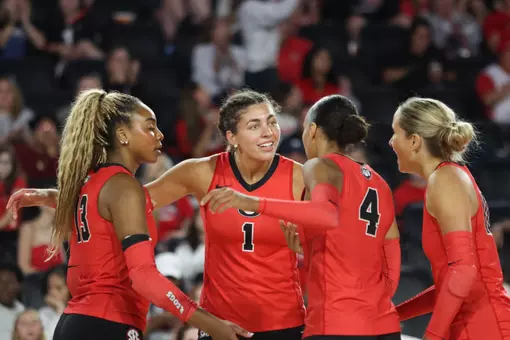 Georgia middle blocker Tori Harper (1) during Georgia’s exhibition match against Georgia State at Stegeman Coliseum in Athens, Ga., on Saturday, Aug. 23, 2025. (Sydney Jarrard/UGAAA)
