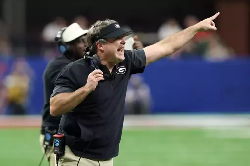 Jan 1, 2026; New Orleans, LA, USA; Georgia Bulldogs head coach Kirby Smart reacts after a play against the Mississippi Rebels in the third quarter during the 2025 Sugar Bowl and quarterfinal game of the College Football Playoff at Caesars Superdome. Mandatory Credit: Stephen Lew-Imagn Images