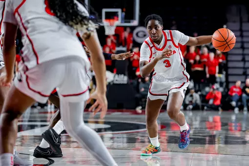 Georgia guard Dani Carnegie (3) during Georgia’s game against Ole Miss at Stegeman Coliseum in Athens, Ga., on Sunday, Jan. 18, 2026. (Conor Dillon/UGAAA)