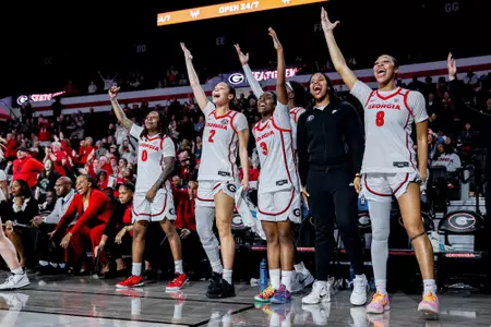 Georgia guard Trinity Turner (0), Georgia guard Savannah Henderson (2), Georgia guard Dani Carnegie (3), Georgia forward Zhen Craft (8), Georgia forward Mia Woolfolk (33) during Georgia’s game against Ole Miss at Stegeman Coliseum in Athens, Ga., on Sunday, Jan. 18, 2026. (Conor Dillon/UGAAA)