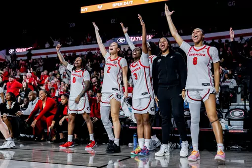 Georgia guard Trinity Turner (0), Georgia guard Savannah Henderson (2), Georgia guard Dani Carnegie (3), Georgia forward Zhen Craft (8), Georgia forward Mia Woolfolk (33) during Georgia’s game against Ole Miss at Stegeman Coliseum in Athens, Ga., on Sunday, Jan. 18, 2026. (Conor Dillon/UGAAA)