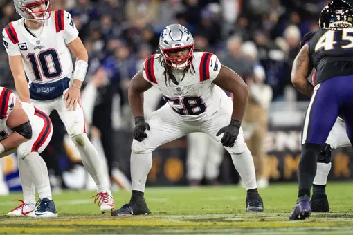 BALTIMORE, MARYLAND - DECEMBER 21: Jared Wilson #58 of the New England Patriots lines up during an NFL football game against the Baltimore Ravens at M&T Bank Stadium on December 21, 2025 in Baltimore, Maryland. (Photo by Michael Owens/Getty Images)