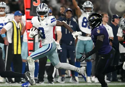Dallas Cowboys' wide receiver #03 George Pickens runs with the ball during the NFL match between the Dallas Cowboys and the Baltimore Ravens at the Maracana Stadium in Rio de Janeiro, Brazil, on September 27, 2026. (Photo by MAURO PIMENTEL / AFP via Getty Images)