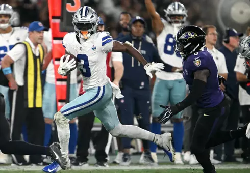 Dallas Cowboys' wide receiver #03 George Pickens runs with the ball during the NFL match between the Dallas Cowboys and the Baltimore Ravens at the Maracana Stadium in Rio de Janeiro, Brazil, on September 27, 2026. (Photo by MAURO PIMENTEL / AFP via Getty Images)