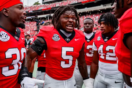 Georgia inside linebacker Raylen Wilson (5) during Georgia’s game against Vanderbilt on Dooley Field at Sanford Stadium in Athens, Ga., on Saturday, Oct. 3, 2026. (Conor Dillon/UGAAA)