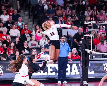 Georgia outside hitter Bianna Muoneke (13) during Georgia’s match against Oklahoma at Stegeman Coliseum in Athens, Ga., on Sun., Oct. 3, 2026. (Ethan Levine/UGAAA)