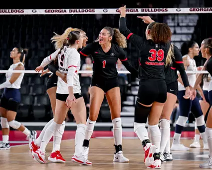 Georgia libero and outside hitter Ana Julia Bleeker (9), Georgia middle blocker Tori Harper (1), Georgia outside hitter Alyssa Worden (39) during Georgia’s match against Georgia Tech at Stegeman Coliseum in Athens, Ga., on Saturday, Sept. 19, 2026. (Sofia Yaker/UGAAA)