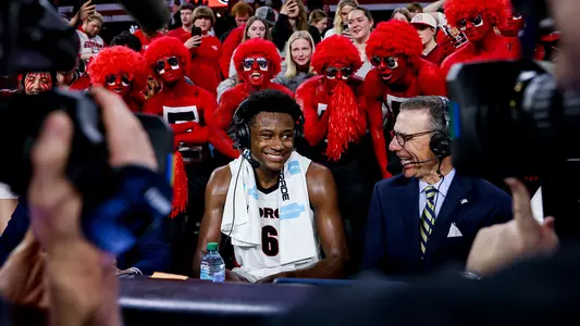 Kanon Catchings is interviewed after scoring 32 points against Alabama (photo by Sofia Yaker).