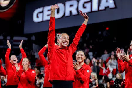 Georgia gymnast Lily Smith after Georgia’s quad meet against Temple, Fisk, and Central Michigan at Stegeman Coliseum in Athens, Ga., on Friday, Jan. 30, 2026. (Conor Dillon/UGAAA)