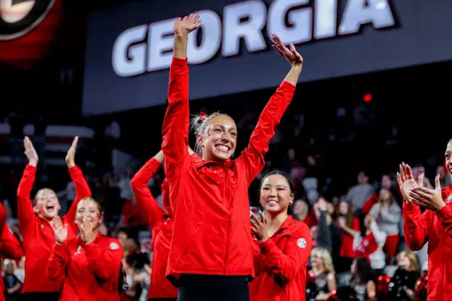 Georgia gymnast Lily Smith after Georgia’s quad meet against Temple, Fisk, and Central Michigan at Stegeman Coliseum in Athens, Ga., on Friday, Jan. 30, 2026. (Conor Dillon/UGAAA)