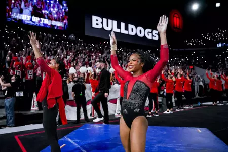 Georgia gymnast Nyla Aquino during Georgia’s meet against LSU at Stegeman Coliseum in Athens, Ga., on Friday, Jan. 16, 2026. (Tony Walsh/UGAAA)