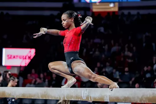 Georgia gymnast Kelise Woolford during Georgia’s quad meet against Temple, Fisk, and Central Michigan at Stegeman Coliseum in Athens, Ga., on Friday, Jan. 30, 2026. (Conor Dillon/UGAAA)