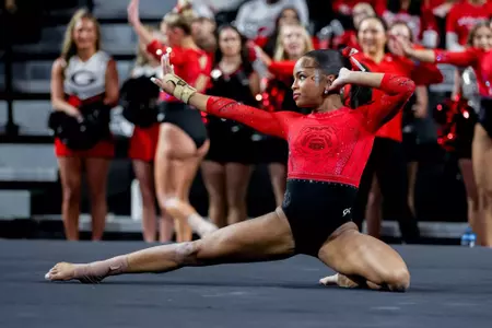 Georgia gymnast Nyla Aquino during Georgia’s quad meet against Temple, Fisk, and Central Michigan at Stegeman Coliseum in Athens, Ga., on Friday, Jan. 30, 2026. (Conor Dillon/UGAAA)
