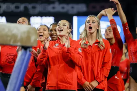 Georgia gymnast Csenge Bacskay, Georgia gymnast Holly Synder during Georgia’s quad meet against Temple, Fisk, and Central Michigan at Stegeman Coliseum in Athens, Ga., on Friday, Jan. 30, 2026 (Leila Woods/UGAAA)
