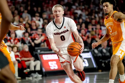 Georgia guard Blue Cain (0) during Georgia’s game against Tennessee at Stegeman Coliseum in Athens, Ga., on Wednesday, Jan. 28, 2026. (Leila Woods/UGAAA)