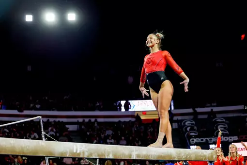 Georgia gymnast Brooke Gleichowski during Georgia’s quad meet against Temple, Fisk, and Central Michigan at Stegeman Coliseum in Athens, Ga., on Friday, Jan. 30, 2026 (Leila Woods/UGAAA)