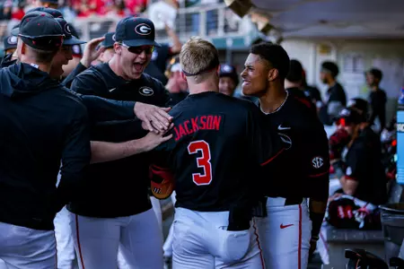 Georgia catcher and outfielder Daniel Jackson (3) during Georgia’s game against Oakland at Foley Field in Athens, Ga., on Friday, Feb. 27, 2026. (Conor Dillon/UGAAA)