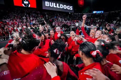 Georgia gymnastics team during Georgia’s meet against LSU at Stegeman Coliseum in Athens, Ga., on Friday, Jan. 16, 2026. (Tony Walsh/UGAAA)