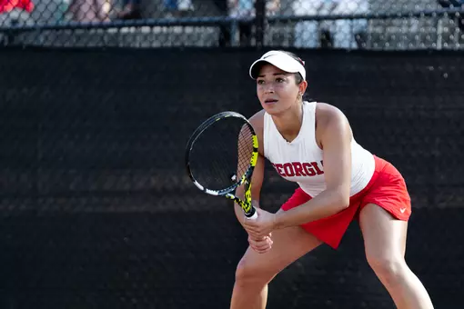 Women's tennis senior Sofia Rojas prepares to return in her match against LSU at the Dan Magill Tennis Complex.
