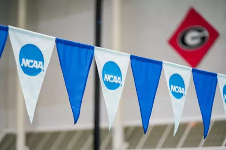 Banners for the NCAA and University of Georgia hang at Gabrielsen Natatorium in preparation for the 2024 NCAA Women's Swimming & Diving Championships.