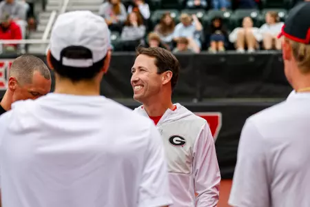 Georgia tennis head coach Jamie Hunt before Georgia’s match against LSU at the Dan Magill Tennis Complex in Athens, Ga., on Saturday, Feb. 21, 2026. (Sofia Yaker/UGAAA)