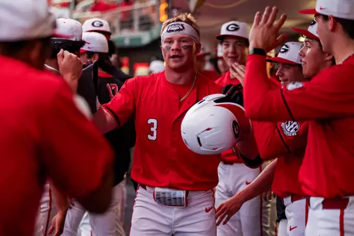 Georgia catcher and outfielder Daniel Jackson (3) during Georgia’s game against Queens at Foley Field in Athens, Ga., on Saturday, March 7, 2026. (Conor Dillon/UGAAA)