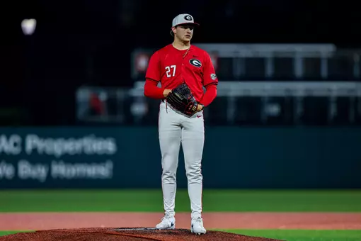 Georgia pitcher Dylan Vigue (27) during Georgia’s game against Queens at Foley Field in Athens, Ga., on Saturday, March 7, 2026. (Conor Dillon/UGAAA)