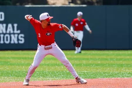 Georgia infielder Kolby Branch (9) during Georgia’s game against Florida at Foley Field in Athens, Ga., on Saturday, April 11, 2026. (Sofia Yaker/UGAAA)