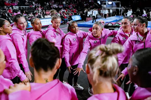 The Georgia gymnastics team before its meet against Missouri at Stegeman Coliseum in Athens, Ga., on Friday, March 6, 2026. (Tony Walsh/UGAAA)