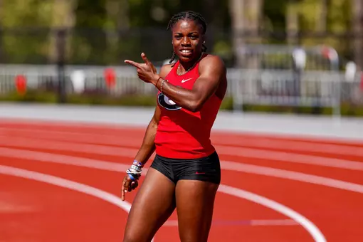 Georgia sprinter Adaejah Hodge during the 2026 Spec Towns Invitational at the Spec Towns Track in Athens, Ga., on Friday, April 10, 2026. (Tony Walsh/UGAAA)