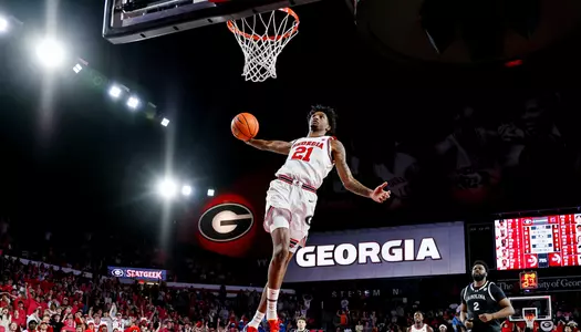 Georgia forward Jake Wilkins (21) during Georgia’s game against South Carolina at Stegeman Coliseum in Athens, Ga., on Saturday, Feb. 28, 2026. (Sofia Yaker/UGAAA)