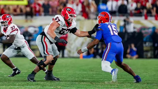 Georgia offensive lineman Monroe Freeling (57) during Georgia’s game against Florida at EverBank Stadium in Jacksonville, Fl., on Saturday, Nov. 1, 2025. (Conor Dillon/UGAAA)