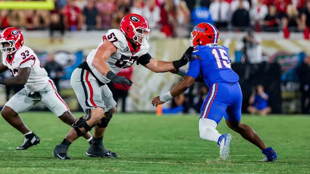 Georgia offensive lineman Monroe Freeling (57) during Georgia’s game against Florida at EverBank Stadium in Jacksonville, Fl., on Saturday, Nov. 1, 2025. (Conor Dillon/UGAAA)